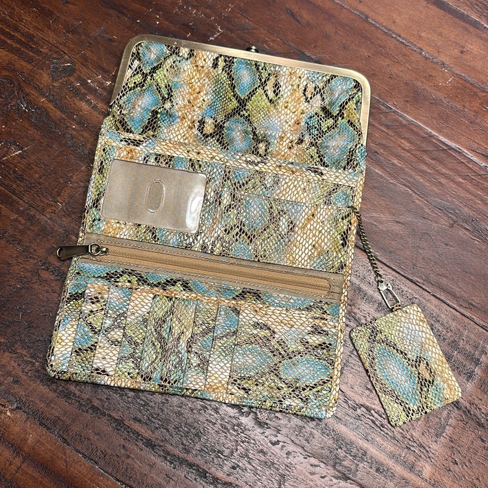 HOBO snakeskin trifold wallet - blue, green, mustard - GUC